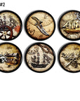 Men's nautical office decor decorative furniture drawer pull set. Earthy, rustic pirate treasure map theme with ship wheel, skull, dagger and gold on black hardware.