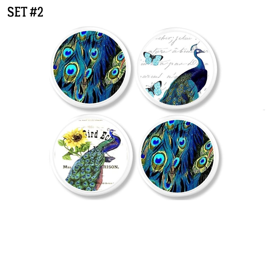 4 Furniture door pulls decorated with peacock and feathers with butterfly and sunflower on french postcard. Colors are deep blue, turquoise and yellow.