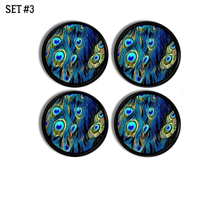 4 Blue peacock bird feather decorated dresser drawer handles. Exotic, eclectic boho cabinet knobs.