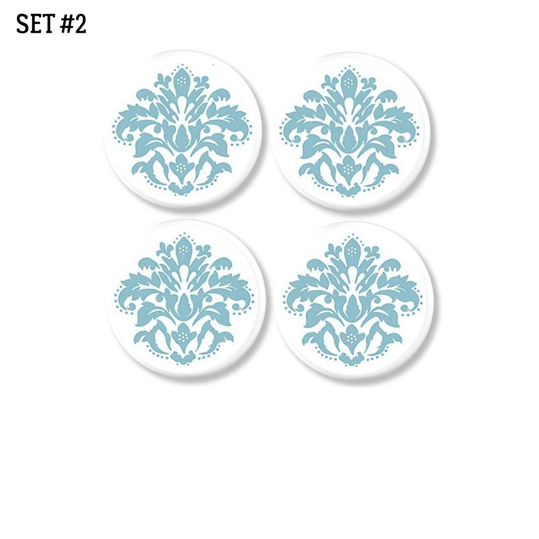 4 Bathroom cabinet door knobs decorated with turquoise blue and white lotus floral damask print.