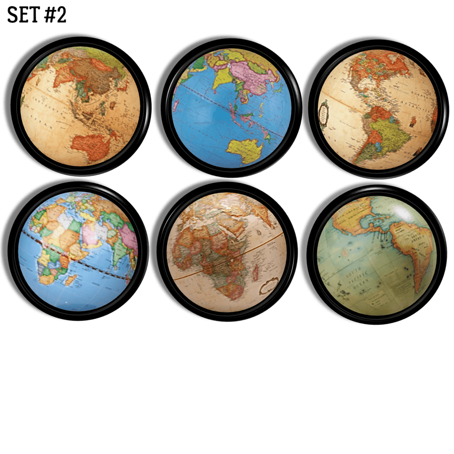 World Map theme cabinet and drawer knobs. Masculine decor for home office, mancave or antique style bar.