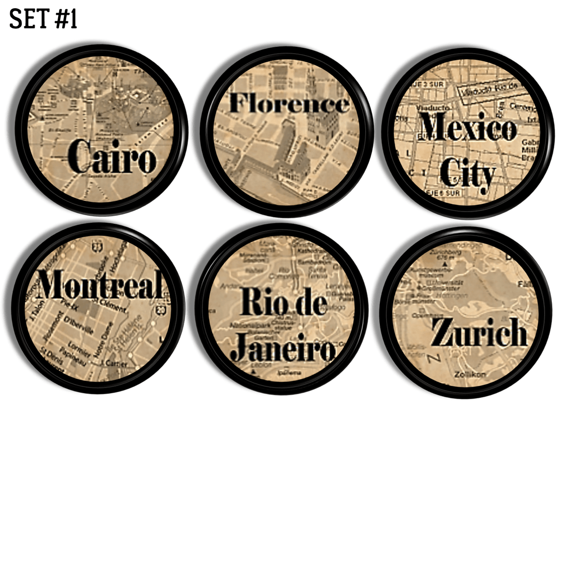 World travel decor cabinet drawer pulls. Handmade knobs in city maps for Cario, Mexico City, Rio De Janeiro and more