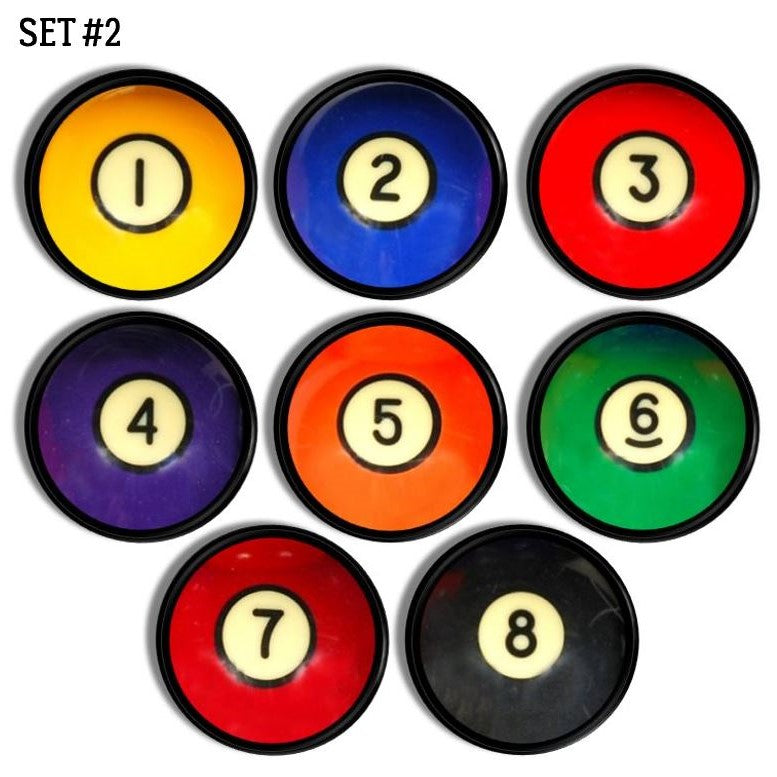 Handcrafted cabinet knobs - set of full solid billiard ball graphics — includes the iconic black 8 ball.