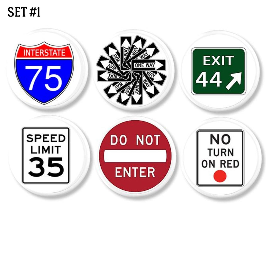 6 Traffic sign themed dresser drawer pulls. Handmade knobs with interstate and road signs for garage or boys room.