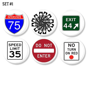 6 Traffic sign themed dresser drawer pulls. Handmade knobs with interstate and road signs for garage or boys room.