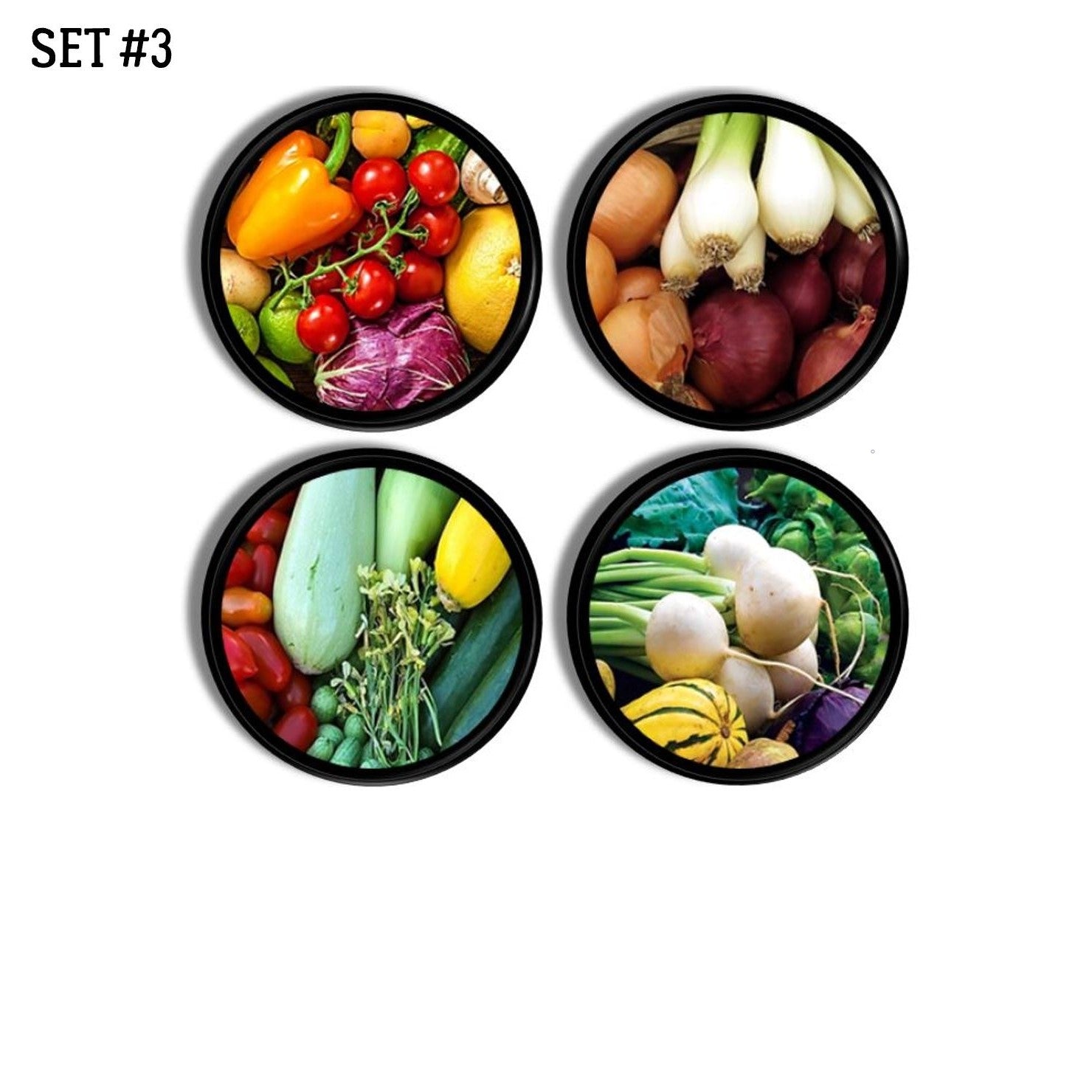 4 decorative cabinet furniture drawer pull handles in colorful garden harvest vegetables. Handmade country homestead farm kitchen knobs.