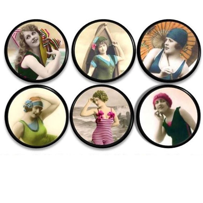 Vintage cabinet knobs featuring 1920s bathing beauty in retro swimsuit – art deco drawer pulls for coastal home decor