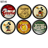 Handmade cupboard knobs in vintage soda brands like Frostie, Pepsi Cola and Goody Root Beer. Unique drawer pulls for unusual decor.
