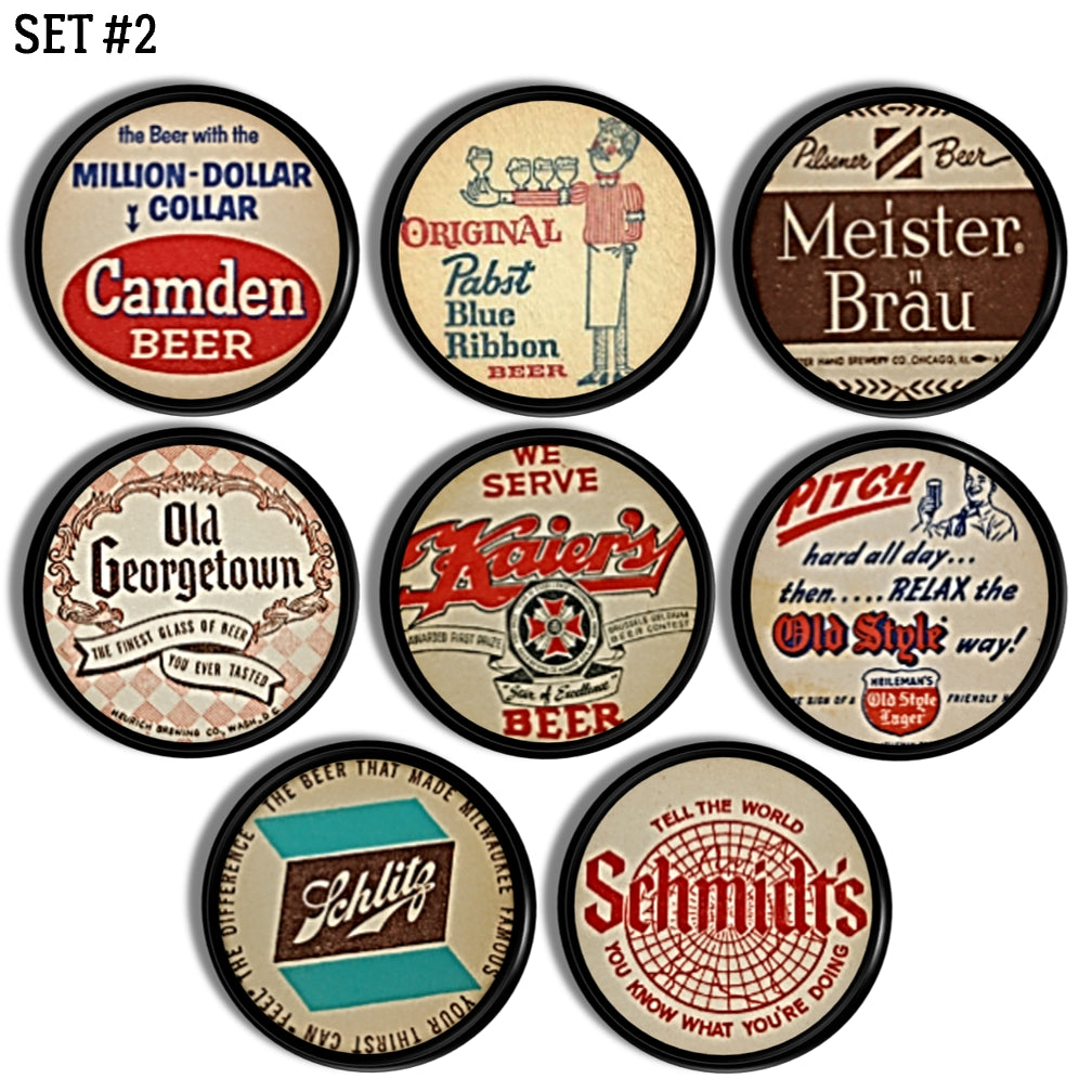 Brewina drawer pull handles in vintage beer coasters for nostolgic collectible pub decor.