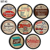 Brewina drawer pull handles in vintage beer coasters for nostolgic collectible pub decor.
