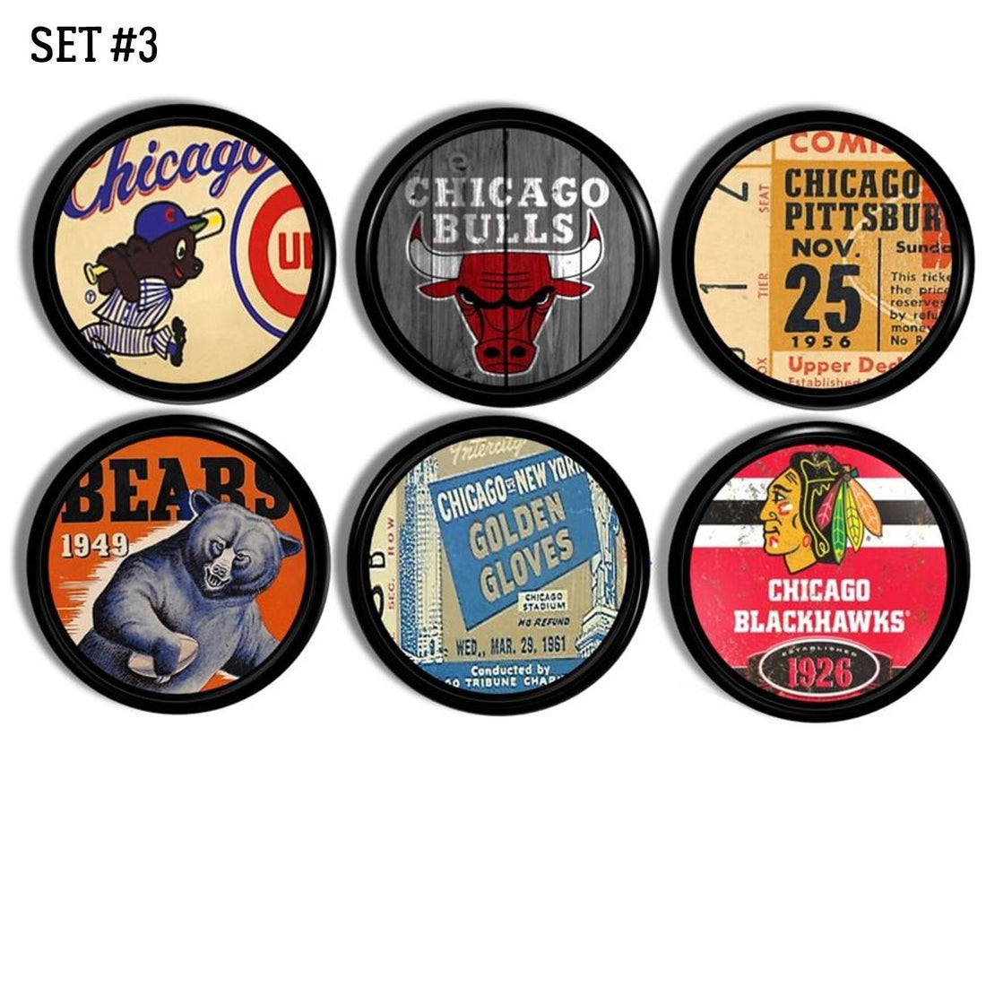 6 Black cabinet knobs decorated with vintage Chicago sports team memorbilia for Cubs Baseball, Bulls Basketball, Boxing and Blackhawks Hockey.