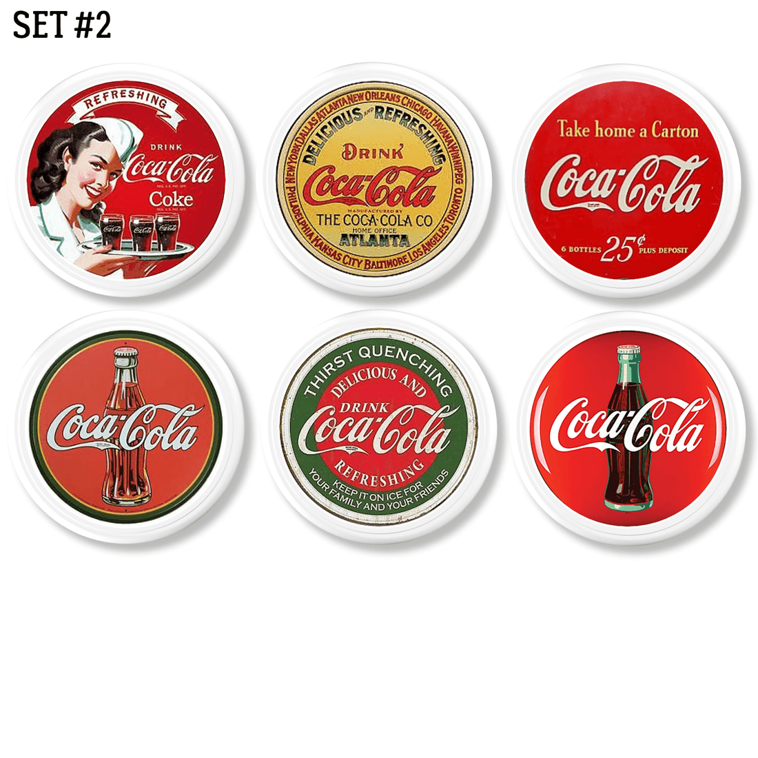Antique Coca Cola 50s soda shop style cabinet and cupboard knobs. Vintage farmhouse decorative furniture drawer pulls.