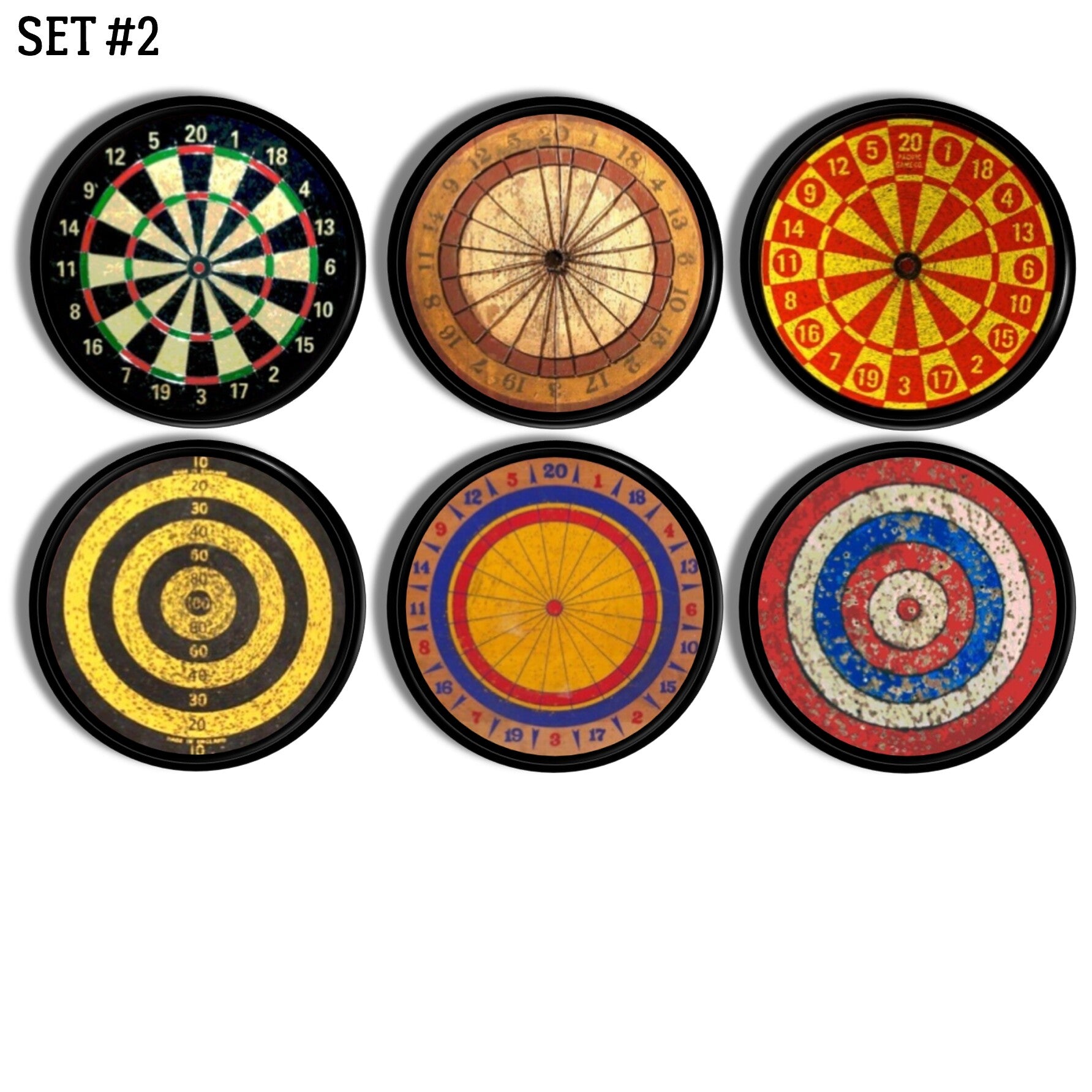 Six vintage‑style dartboard cabinet knobs, showcasing wood‑grain boards, colorful scoring rings, classic targets, and retro bullseye patterns that add bold sports‑bar character to drawers or cabinets.