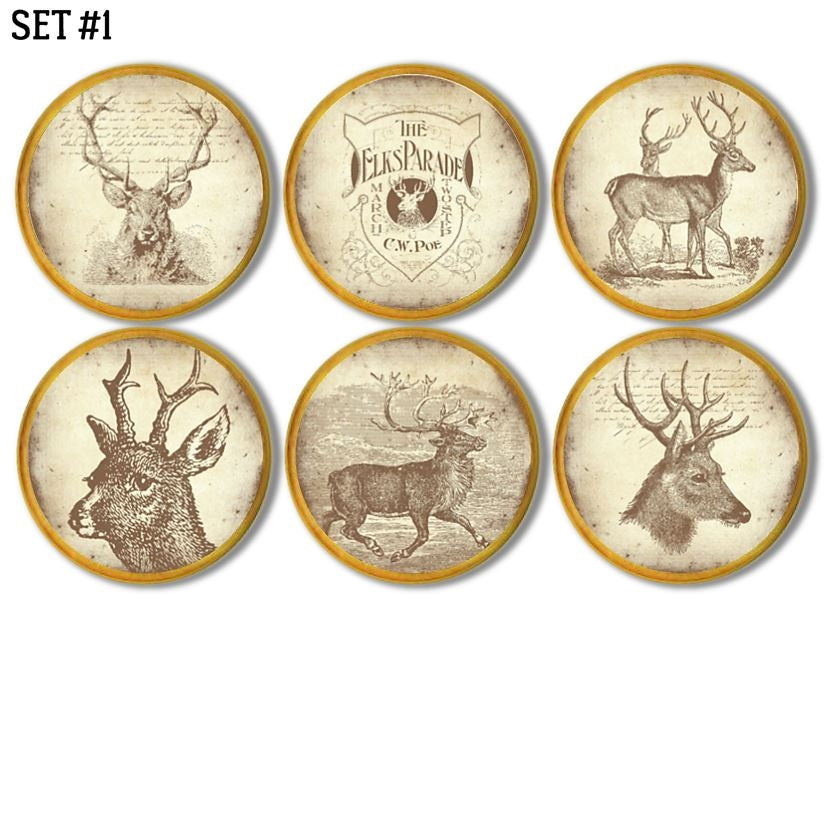 Vintage elk and deer art cabinet knobs. Decorative hardware featuring sepia wildlife illustrations and rustic lodge styling, perfect for cabin décor, farmhouse furniture makeovers, and woodland‑inspired cabinetry