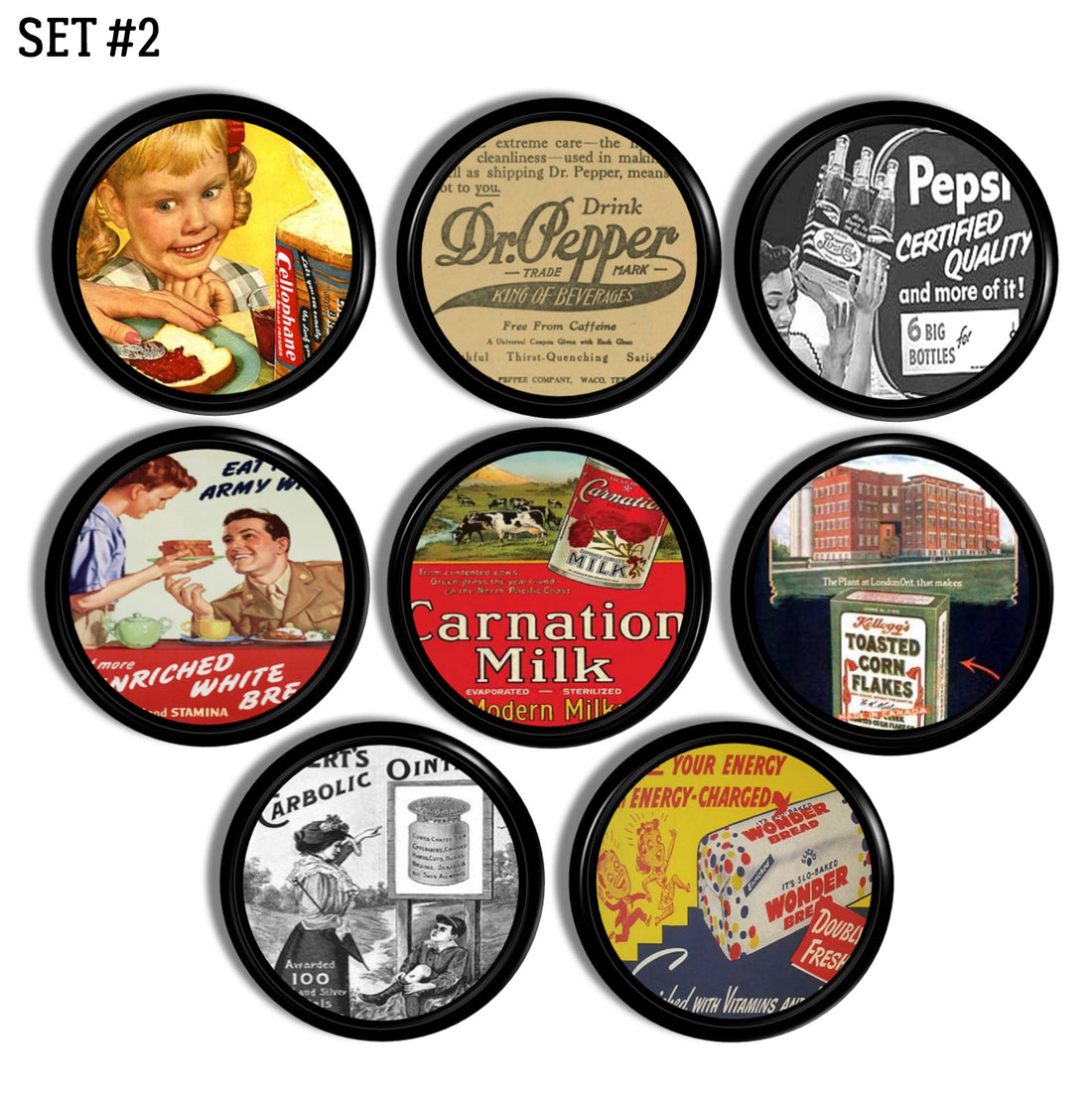 Set of 8 decorative vintage foodi ads on black knob. Nostalgic kitchen cabinet pulls.