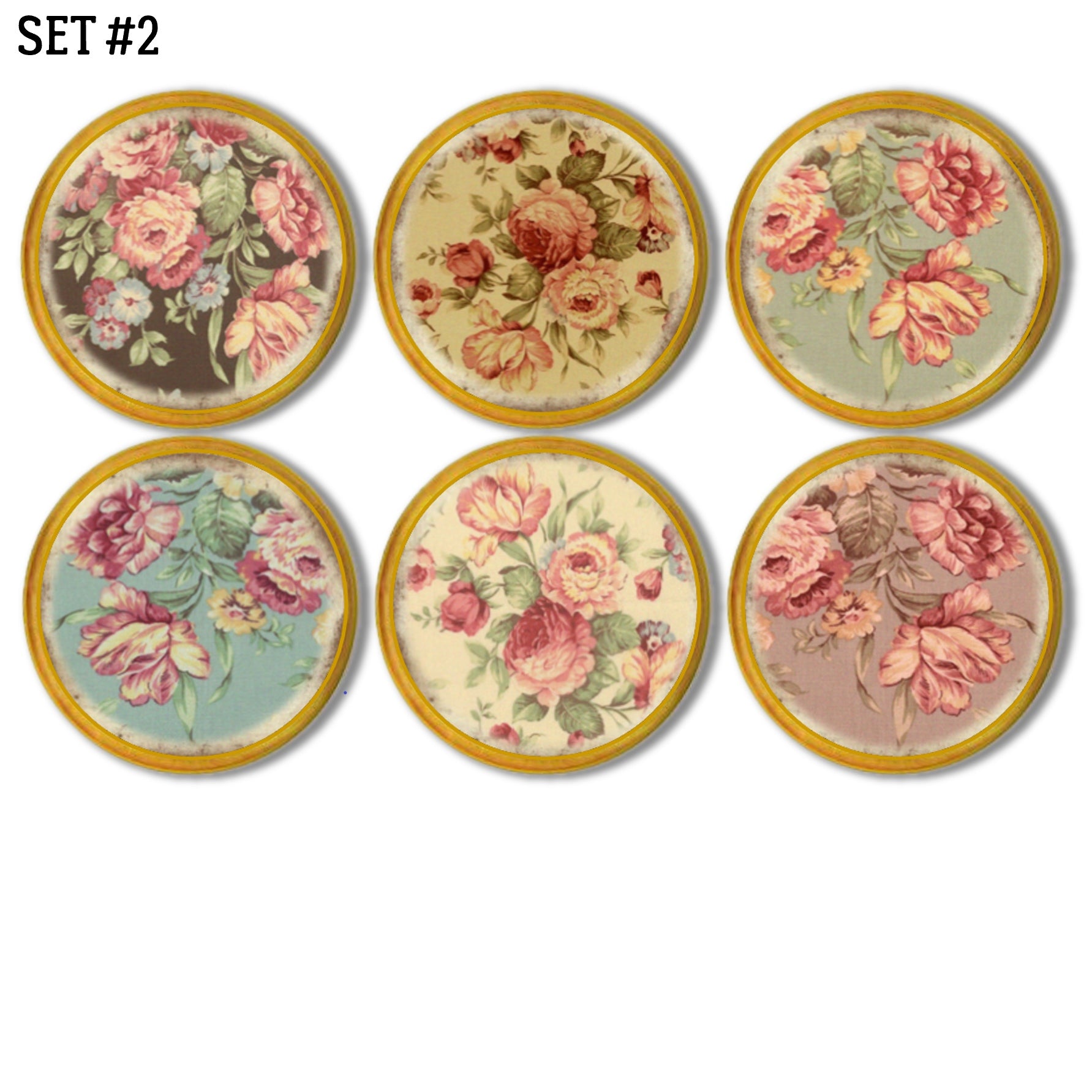 Six handcrafted cabinet knobs featuring vintage rose and peony florals in soft romantic tones, set against varied backgrounds on natural wood — perfect for shabby chic and cottagecore décor.