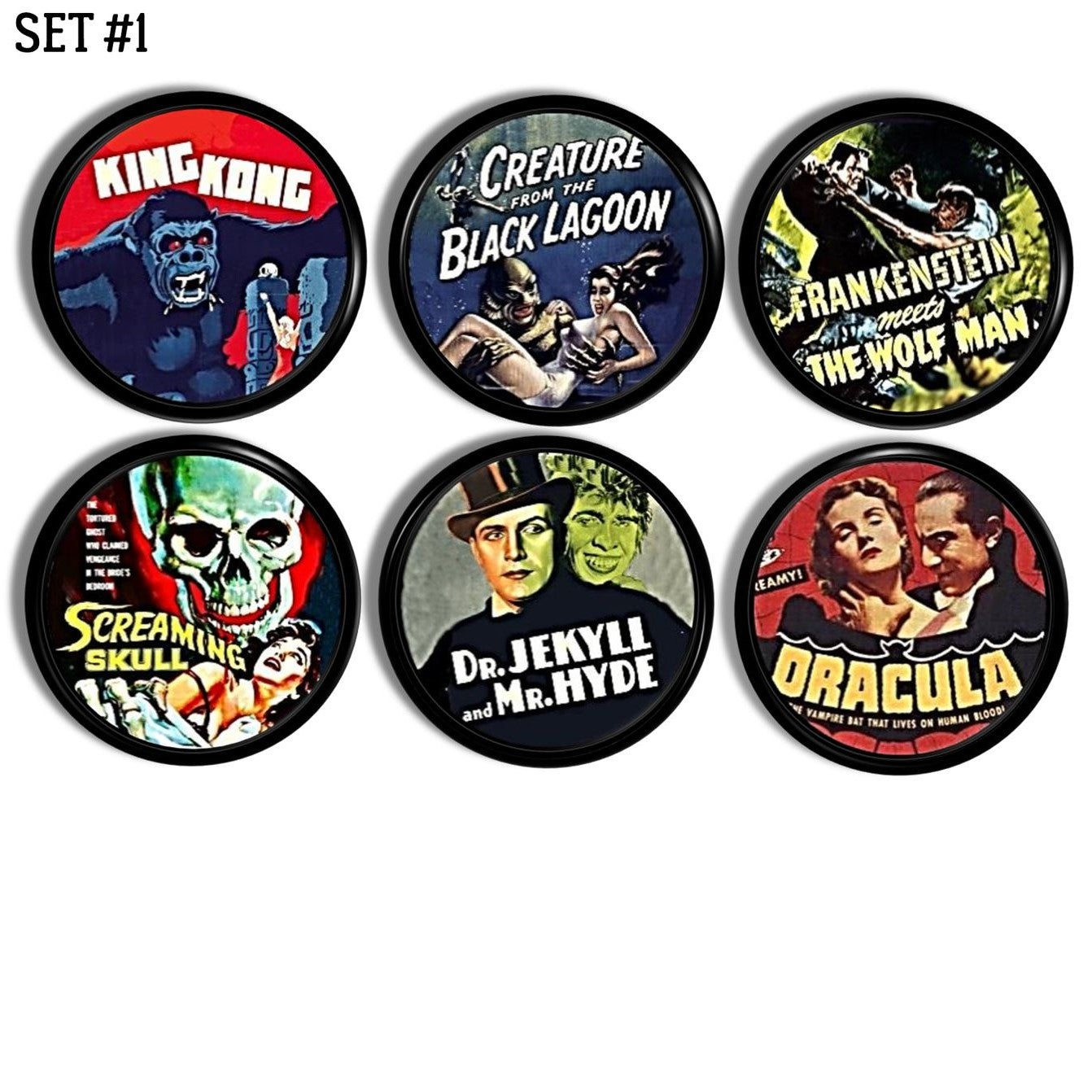 Six handcrafted cabinet knobs featuring classic horror movie poster art with iconic monsters like Dracula, Frankenstein, King Kong, and other vintage cult favorites.