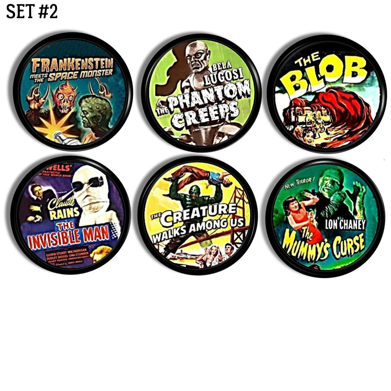 Six handcrafted cabinet knobs featuring retro sci‑fi and horror movie poster designs with creatures, aliens, mummies, and dramatic vintage artwork.