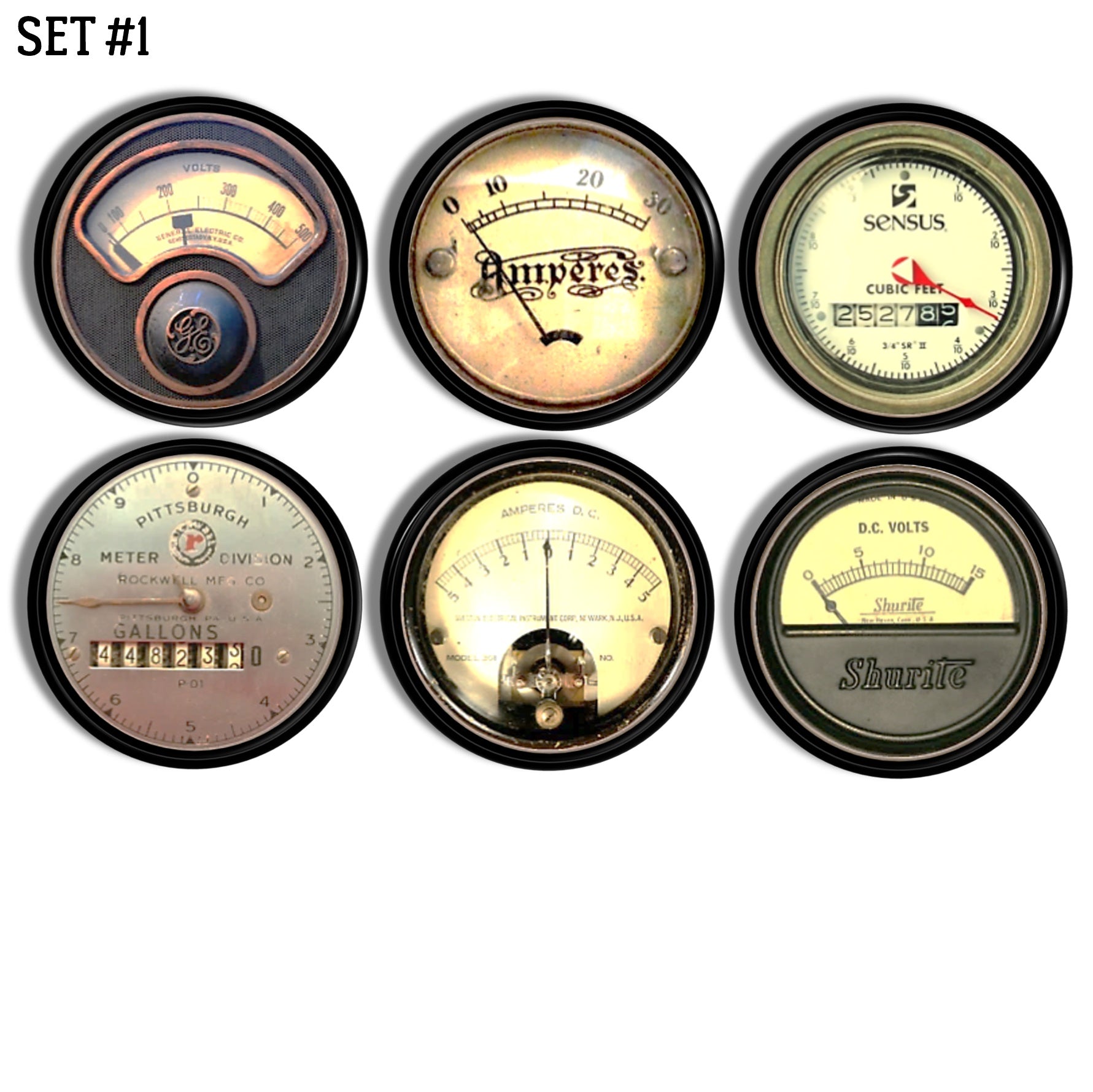 6 vintage industrial cabinet knobs and drawer pulls featuring assorted gauge faces inspired by old workshop meters and factory dials, perfect for steampunk décor, lofts, studios, and reclaimed‑industrial furniture.
