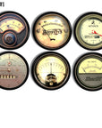 6 vintage industrial cabinet knobs and drawer pulls featuring assorted gauge faces inspired by old workshop meters and factory dials, perfect for steampunk décor, lofts, studios, and reclaimed‑industrial furniture.