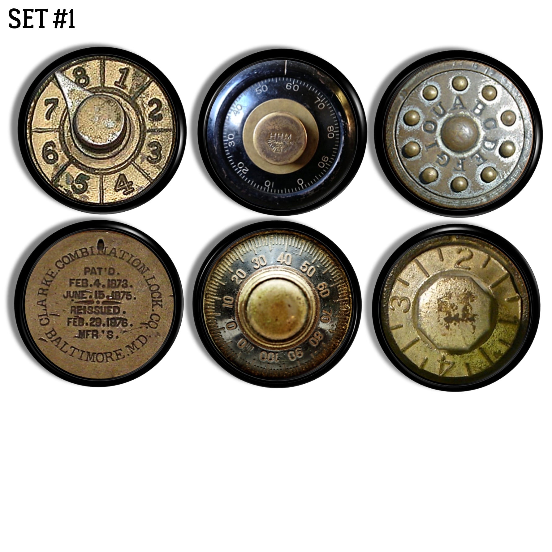 Vintage industrial lock dial cabinet knobs featuring antique safe inspired graphics and aged metal styling, ideal for workshop décor, rustic cabinetry, and unique furniture makeovers.