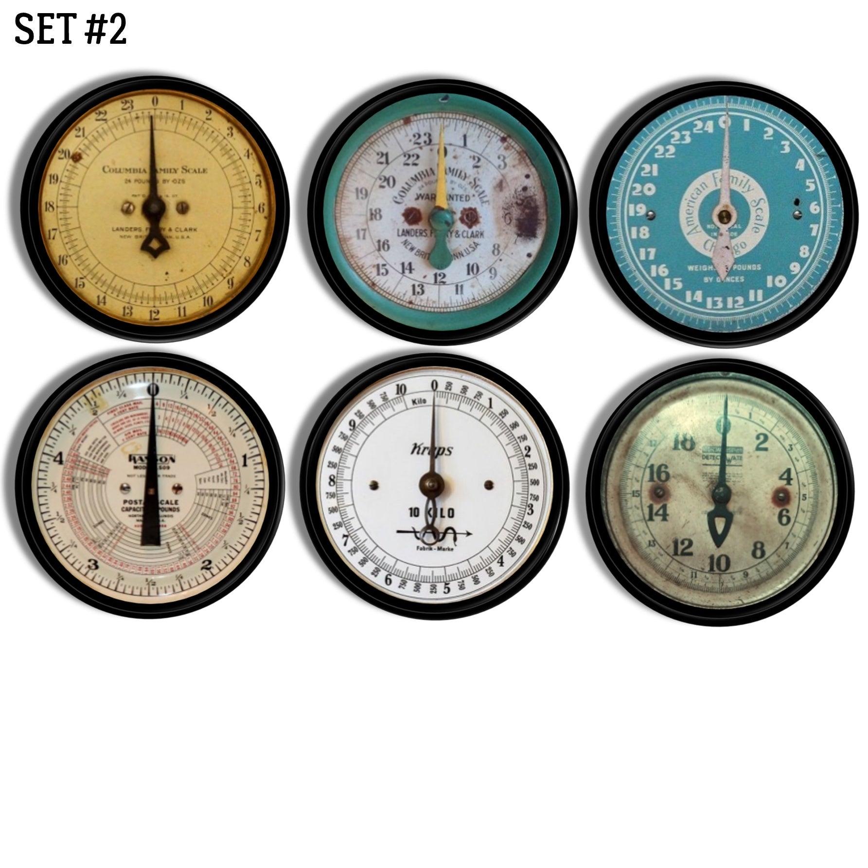 Six vintage kitchen scale cabinet drawer pulls on a black base knob, showcasing weathered dials, industrial textures, and retro appliance faces — perfect for Steampunk décor, Victorian bakery cabinetry, or eclectic furniture accents.