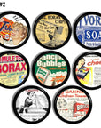 Eight handmade drawer pulls decorated in old retro household laundry product magazine advertisements from the 50s. 