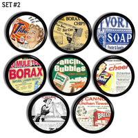 Eight handmade drawer pulls decorated in old retro household laundry product magazine advertisements from the 50s. 