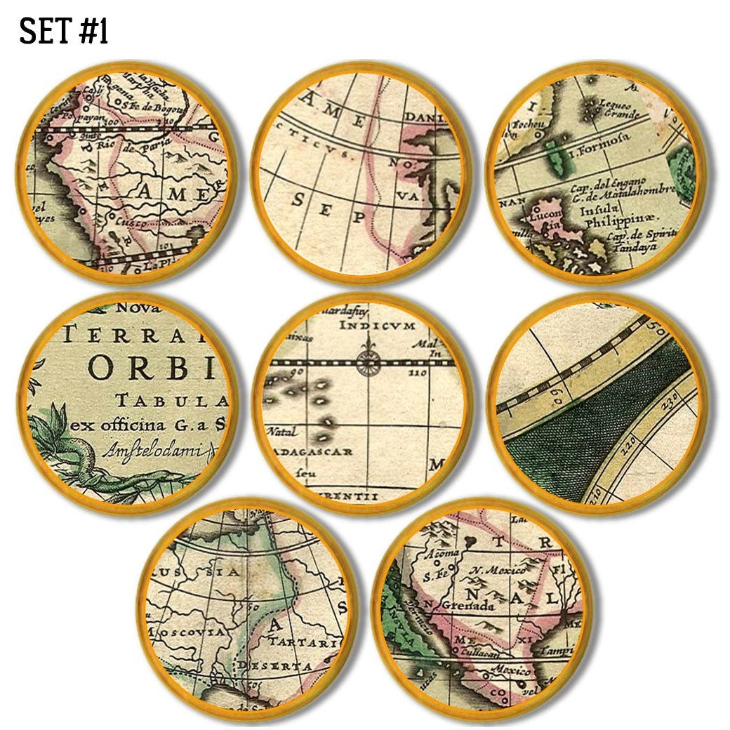 Eight vintage map cabinet knobs on a sealed natural wood base, showcasing softly aged globe segments, classic lettering, and warm parchment tones that complement colonial, coastal, or travel‑themed interiors.