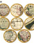 Eight vintage map cabinet knobs on a sealed natural wood base, showcasing softly aged globe segments, classic lettering, and warm parchment tones that complement colonial, coastal, or travel‑themed interiors.