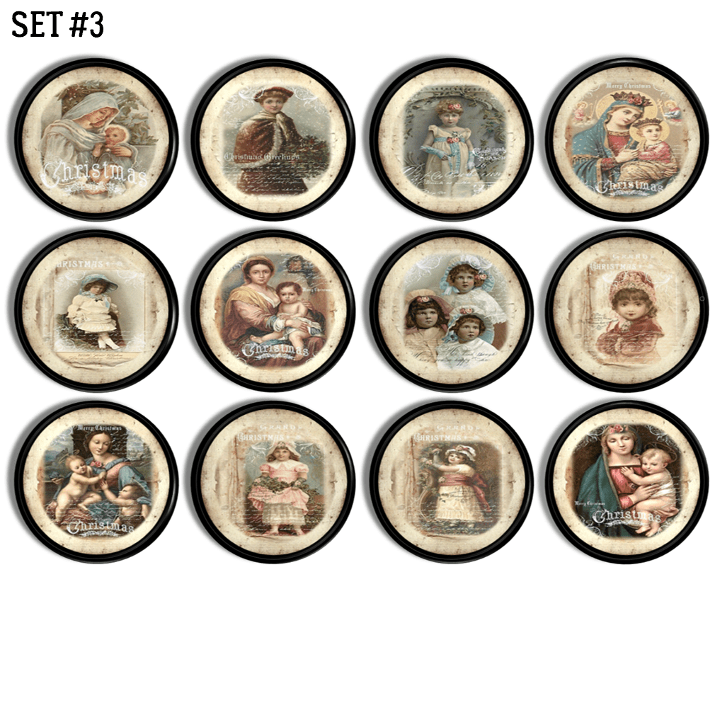 Twelve‑piece vintage Christian Christmas cabinet knob set featuring antique portraits of the Blessed Mother Mary, Baby Jesus, and Victorian holiday artwork