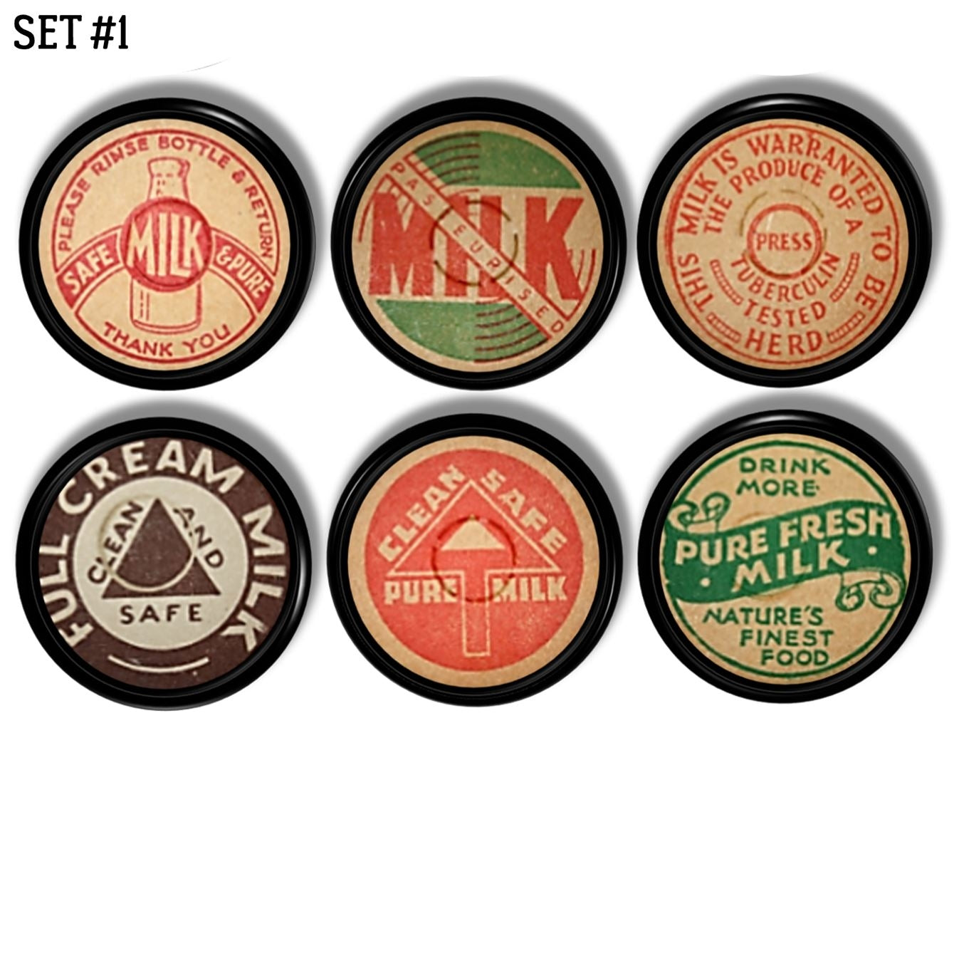 Handmade cabinet knob set featuring vintage milk bottle cap designs — clean, safe, and wholesome dairy farm slogans.