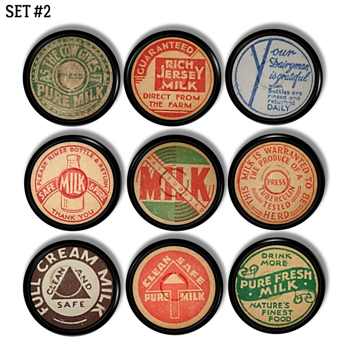Rustic cabinet drawer pull set featuring colorful vintage milk cap designs — farm-fresh slogans and retro dairy branding. 