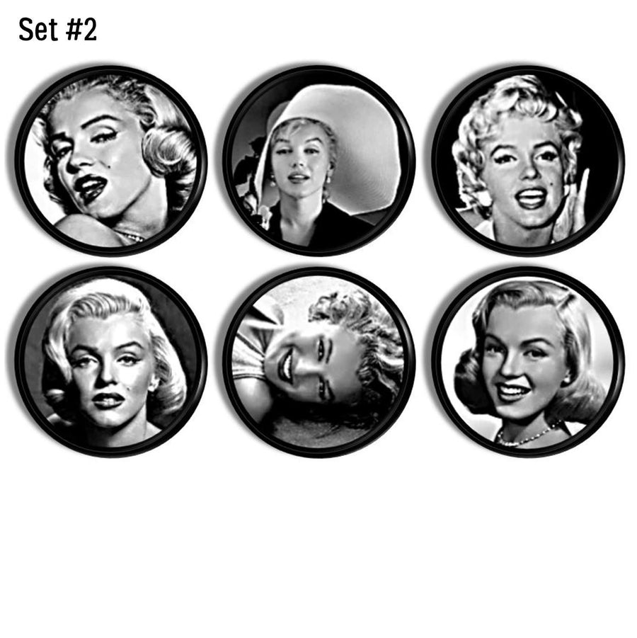 6 dresser knobs in Marilyn Monroe theme. Black white Hollywood glam monochrome cabinet drawer pulls.