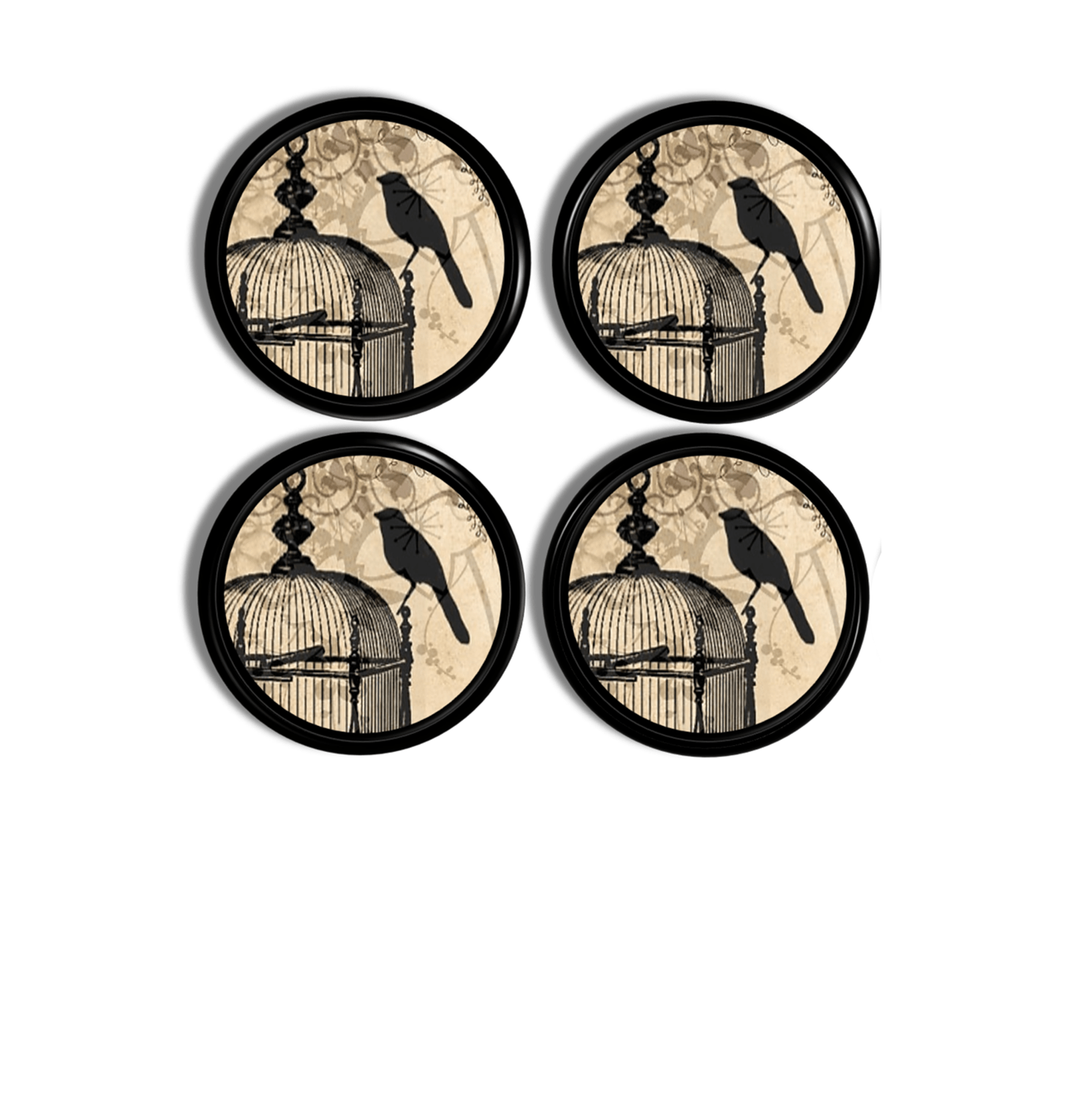 Four vintage birdcage cabinet knobs featuring a silhouetted raven on aged parchment artwork, perfect for moody cottage décor, romantic gothic furniture, and vintage‑inspired accents.