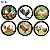 Vintage farmhouse kitchen cupboard knob set. Colorful drawer pulls decorated in rooster and hen barn yard chickens.