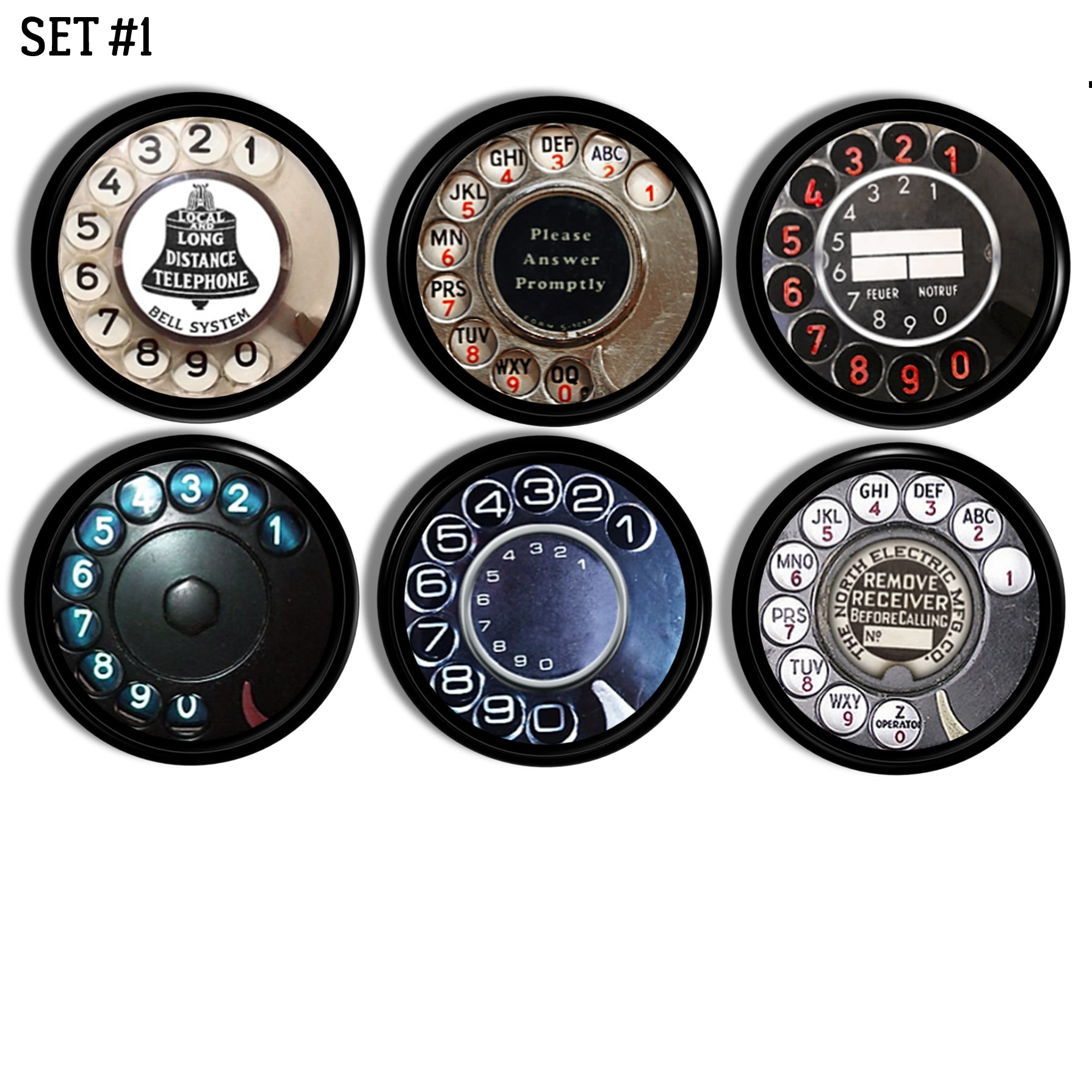 Six vintage rotary‑dial inspired cabinet knobs in assorted retro telephone designs, perfect for eclectic furniture makeovers and home office décor