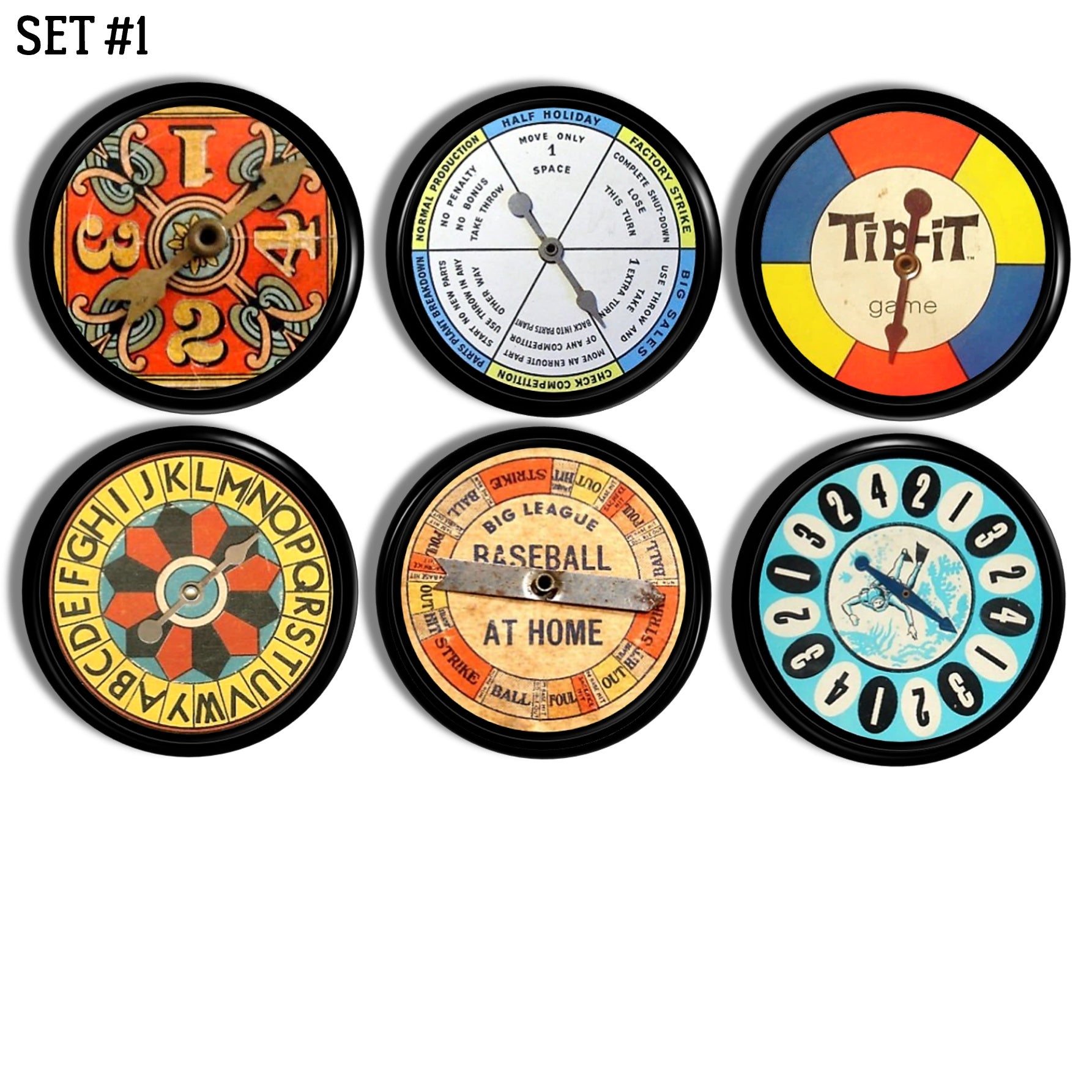 Six handcrafted cabinet knobs featuring colorful vintage board‑game spinner designs on a black knob, with numbered segments, bold color wheels, and retro toy graphics — perfect for playrooms, game rooms, or kids’ furniture.