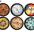 Six handcrafted cabinet knobs featuring colorful vintage board‑game spinner designs on a black knob, with numbered segments, bold color wheels, and retro toy graphics — perfect for playrooms, game rooms, or kids’ furniture.