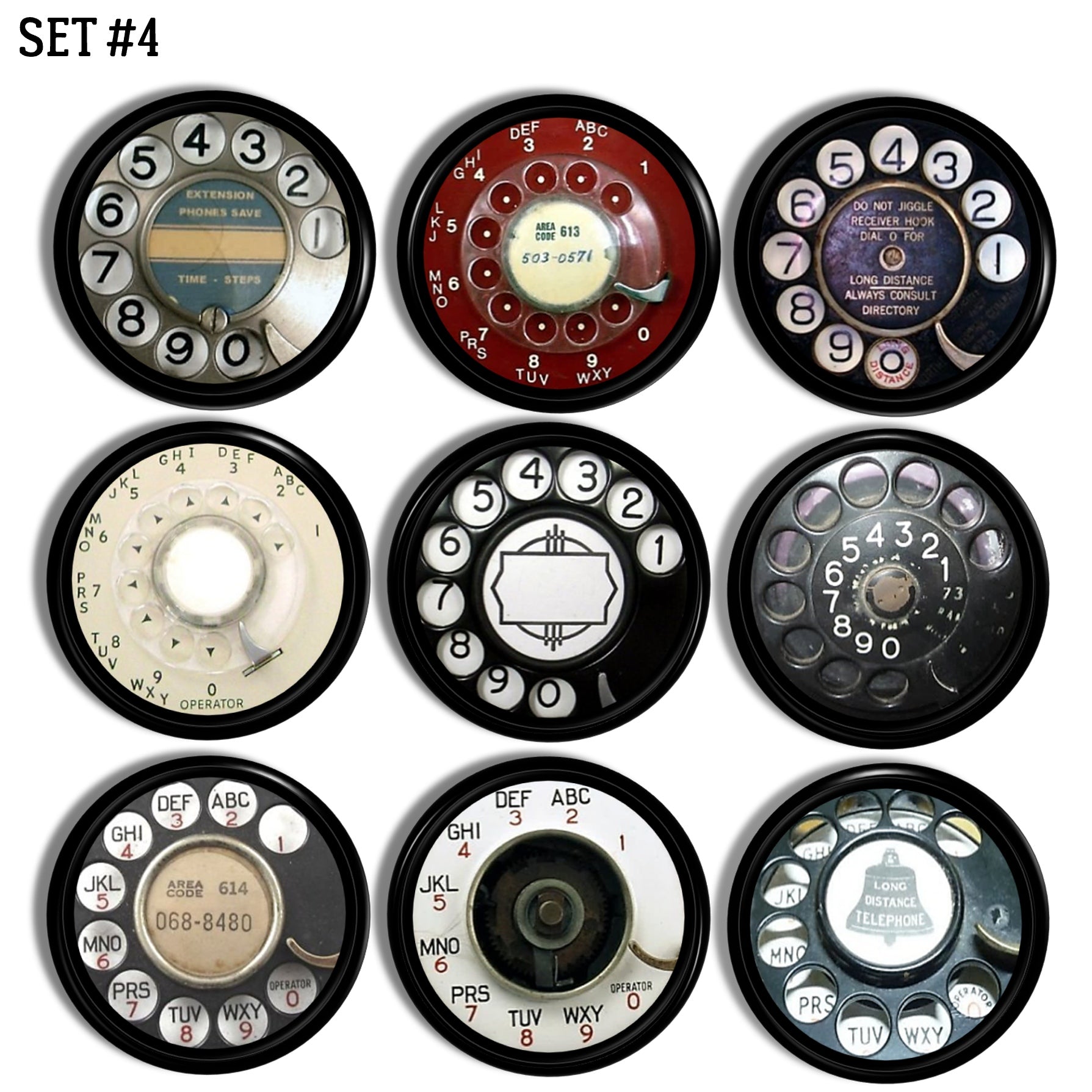 Nine assorted vintage telephone dial cabinet knobs featuring mixed‑era graphics, operator labels, and long‑distance themes, ideal for steampunk and bold statement industrial furniture accents.