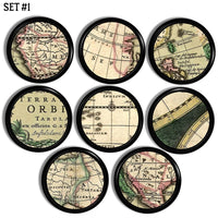 Tan, beige and green old world globe and atlas map drawer pulls on black knob