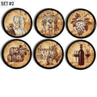 sepia colored decorative drawer pulls with wine bottles, grapes and cheese on black knob
