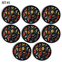 8 door knobs for kitchen, bar or rec room in a retro 50s rock and roll music theme of 45s vinyl record collection. Drawer pulls for furiture and door handles.