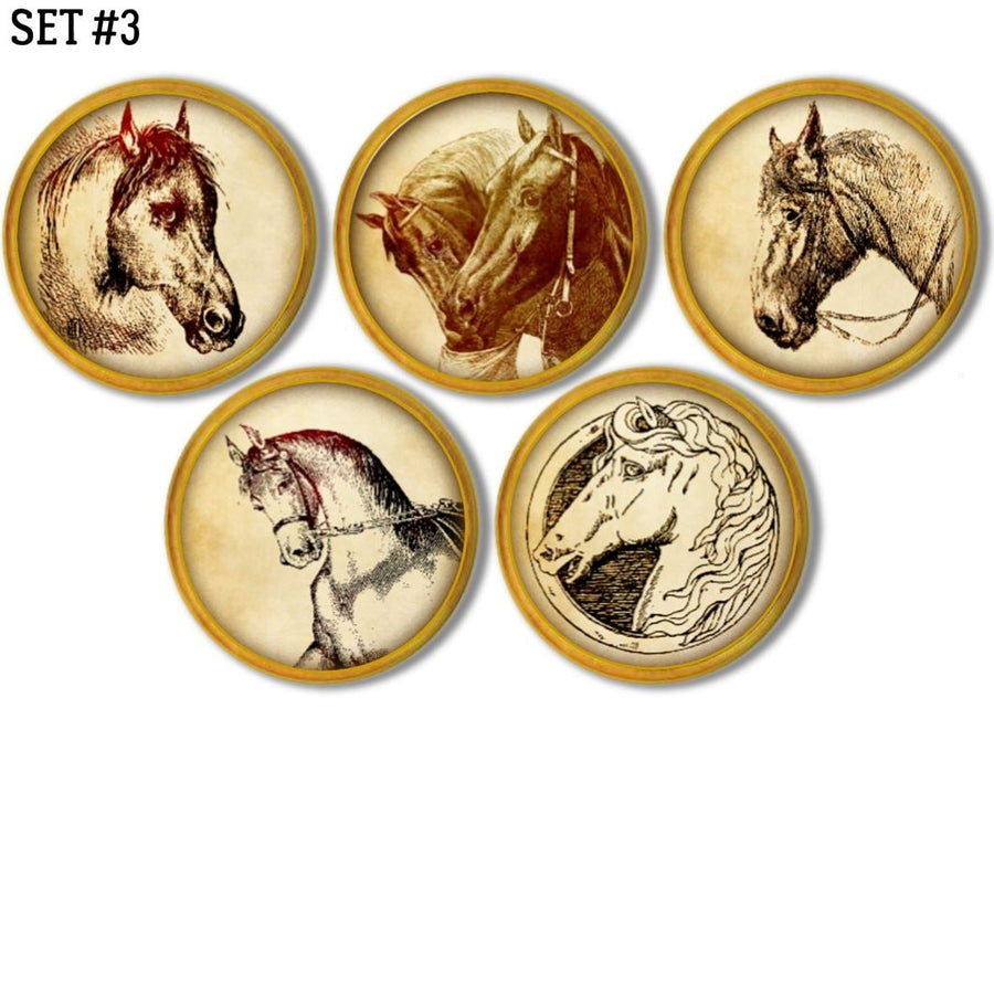 Southwestern decor decorative cabinet and drawer knobs in a sepia toned horse sketch on a wooden knob.