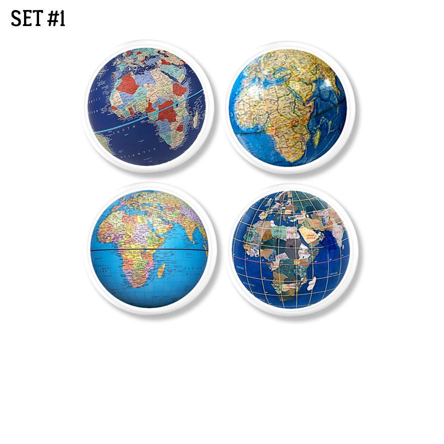 Four handcrafted globe drawer pulls featuring Africa-centered map designs in varied cartographic styles — from political to terrain — mounted on white knob bases for a clean, scholarly look. Ideal for classroom furniture, study cabinets, or travel-themed shelving.