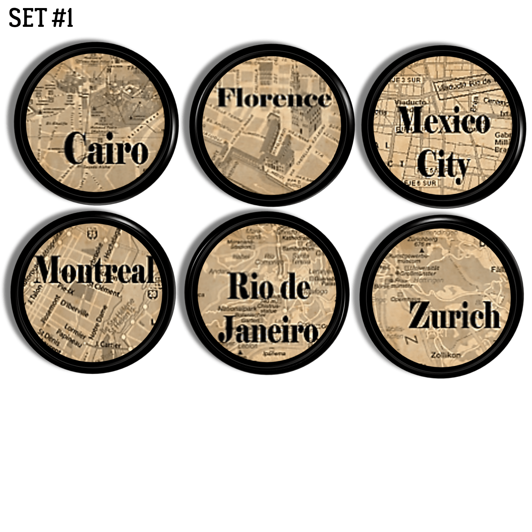 Six vintage world city map cabinet knobs featuring Cairo, Florence, Mexico City, Montreal, Rio de Janeiro, and Zurich in warm sepia tones with bold typography.