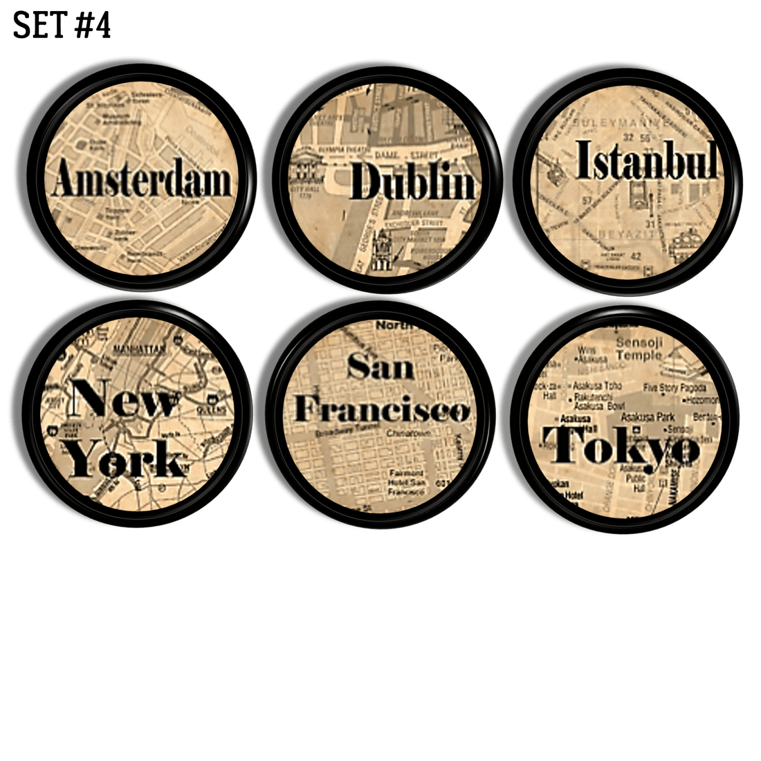 Decorative knob hardware. Wanderlust theme maps for Amsterdam, Dublin, San Fransisco, New York and Tokyo