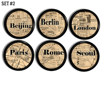 Decorative furniture knobs decorated in world city destination maps for Beijing, Berlin, London. Paris and Rome
